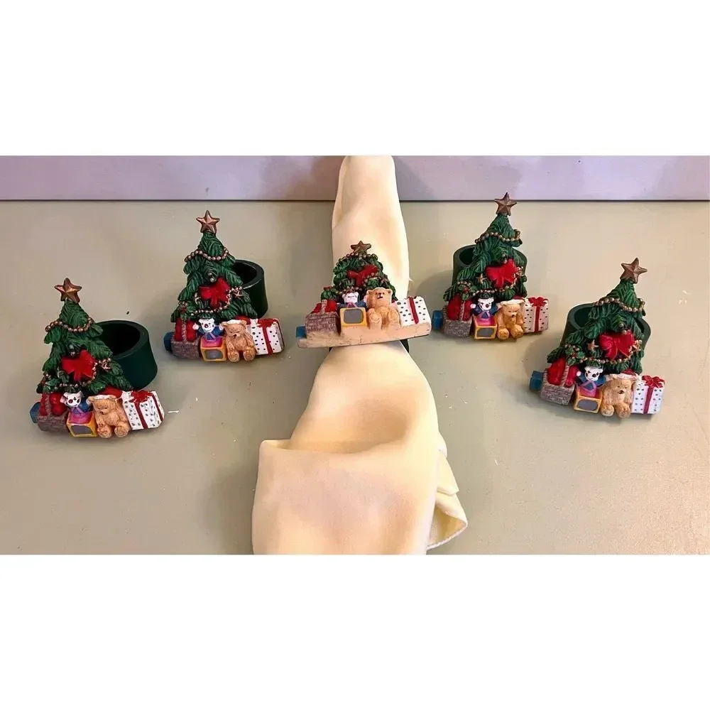 Vintage Hand Painted Christmas Present Teddy Bear Napkin Ring Holders‎ Lot of 5